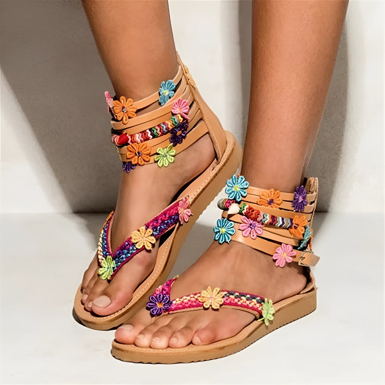 Ethnic beaded petal sandals with artificial PU upper and floral decoration in suit colour