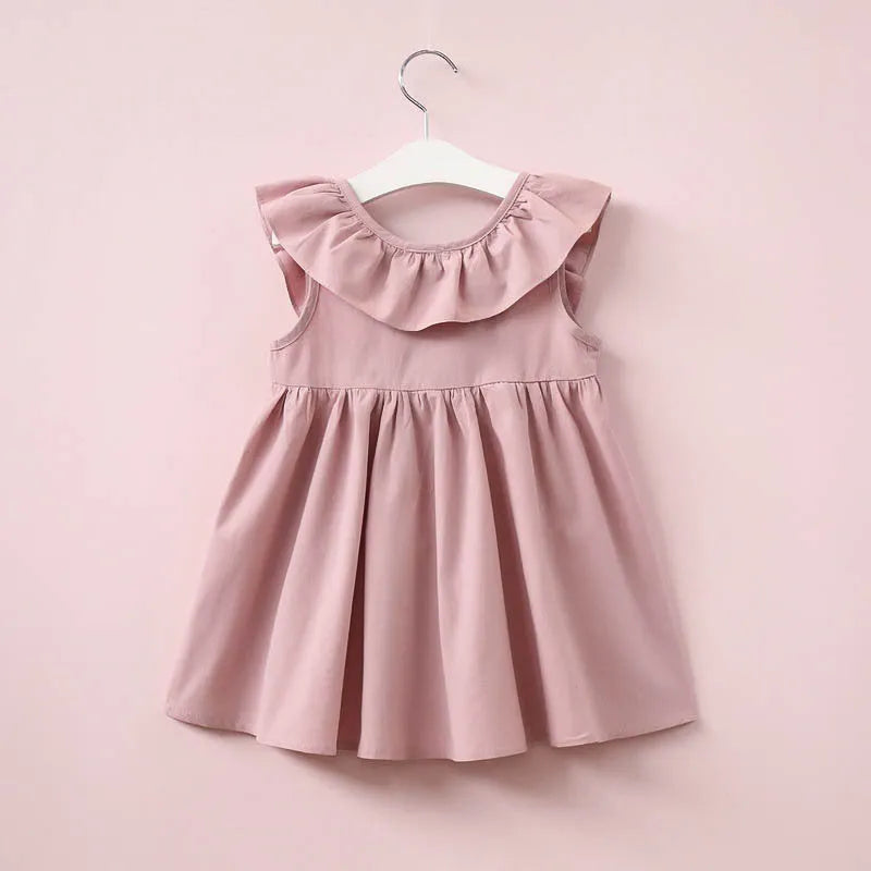 Children's sleeveless summer cotton dress with lotus leaf skirt, pink colour, for girls 3-8 years