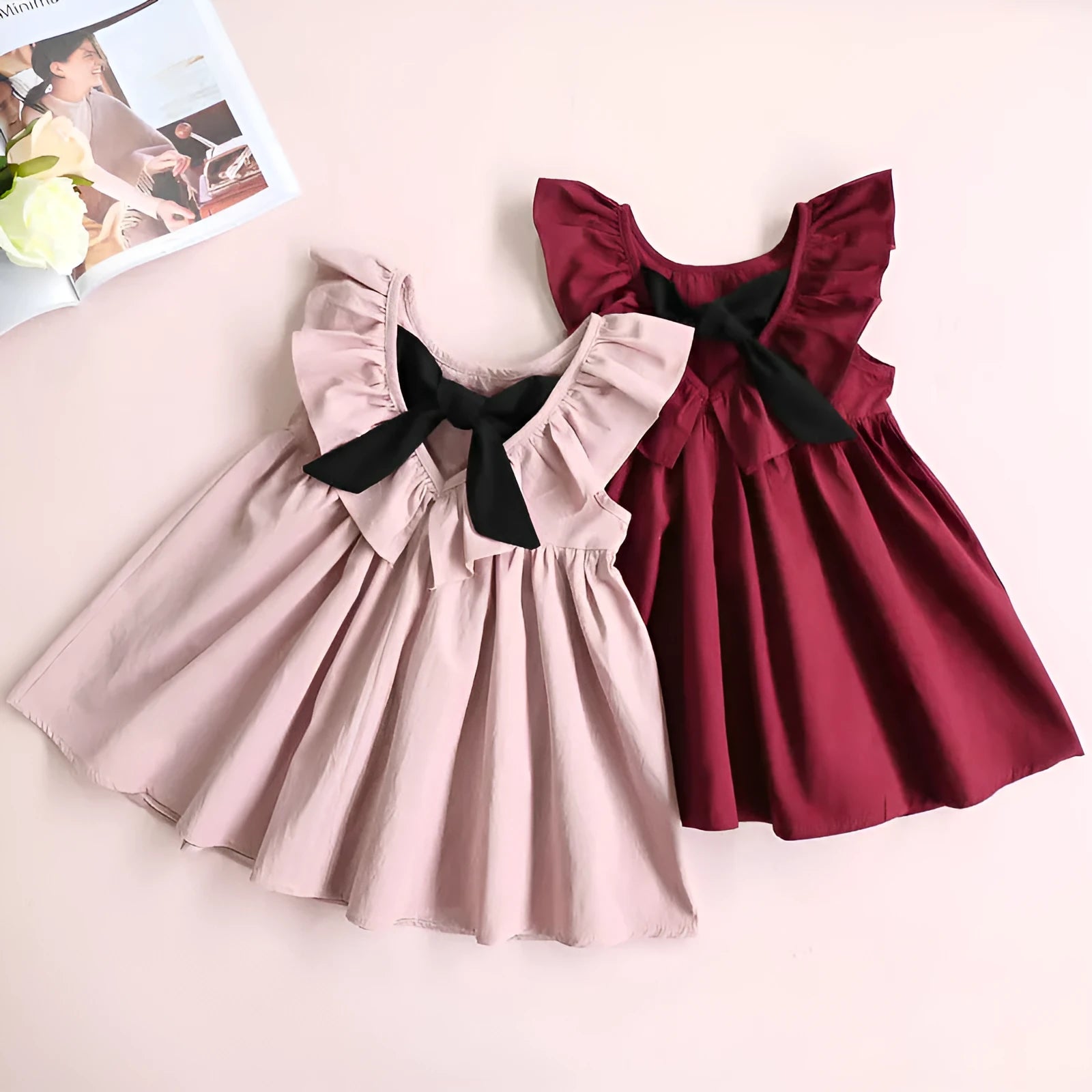 Children's sleeveless summer cotton dress with lotus leaf skirt, pink colour, for girls 3-8 years