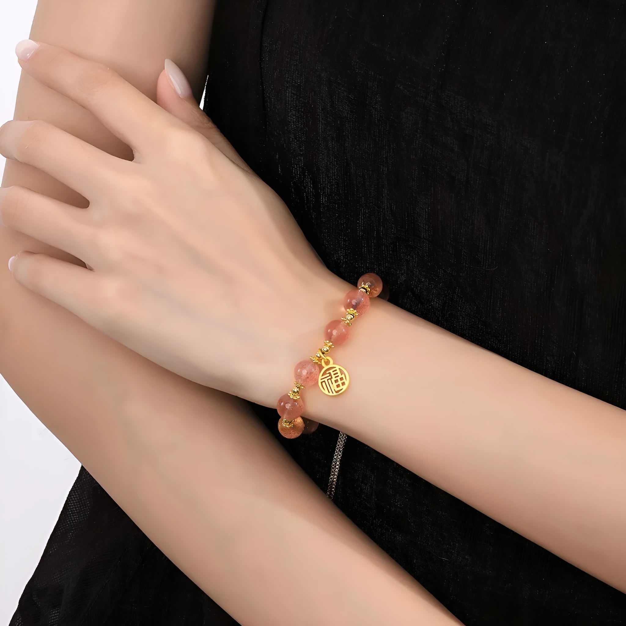 Strawberry quartz crystal bracelet with geometric shapes and fu charm for women
