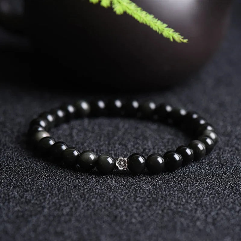 Natural obsidian bracelet with S925 silver small flower accessories featuring dragon phoenix decorations