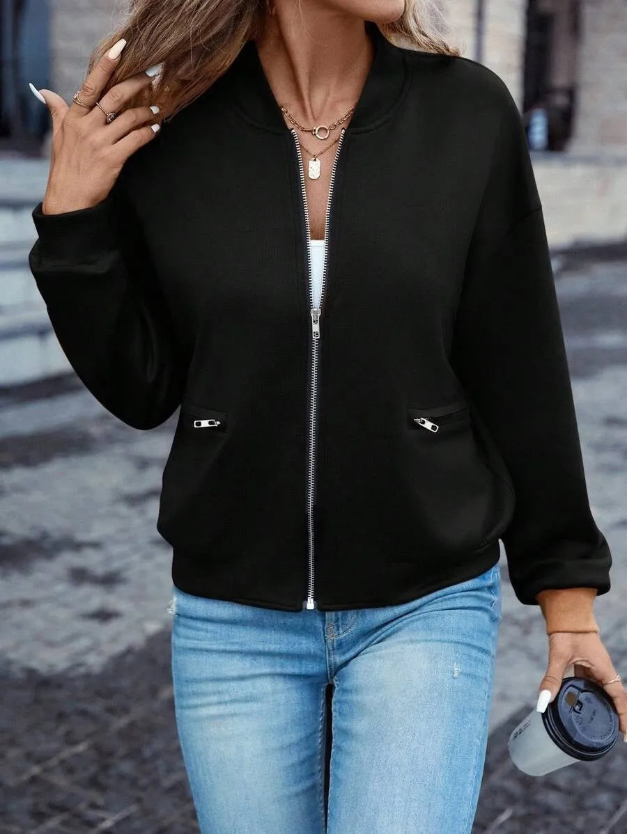 Black women's faux pocket zip jacket with long sleeves for autumn winter casual wear