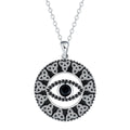 Close-up of a women's copper Devil's Eye pendant necklace on a cross chain, with a light luxury electroplated finish.