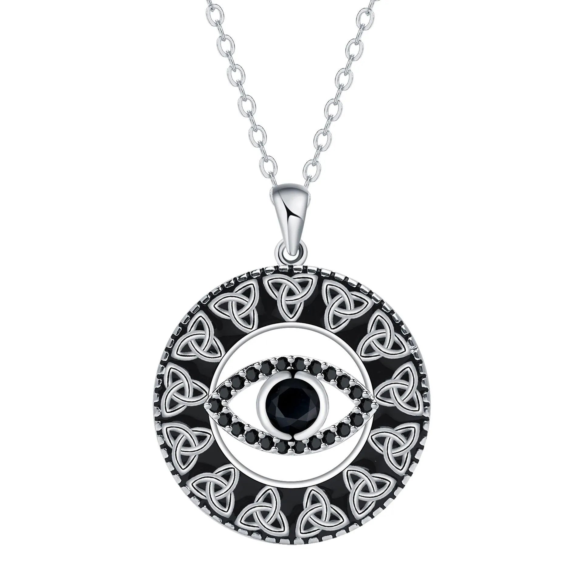 Close-up of a women's copper Devil's Eye pendant necklace on a cross chain, with a light luxury electroplated finish.