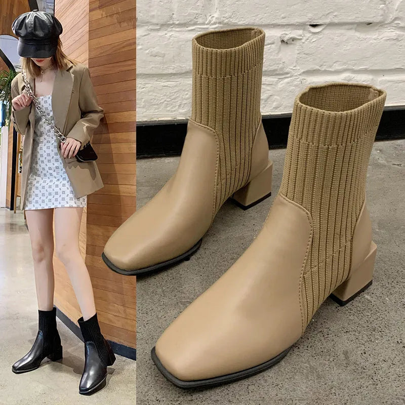 Women's fabric square toe thick heel socks boots in black with 16CM boot height and 5CM heel