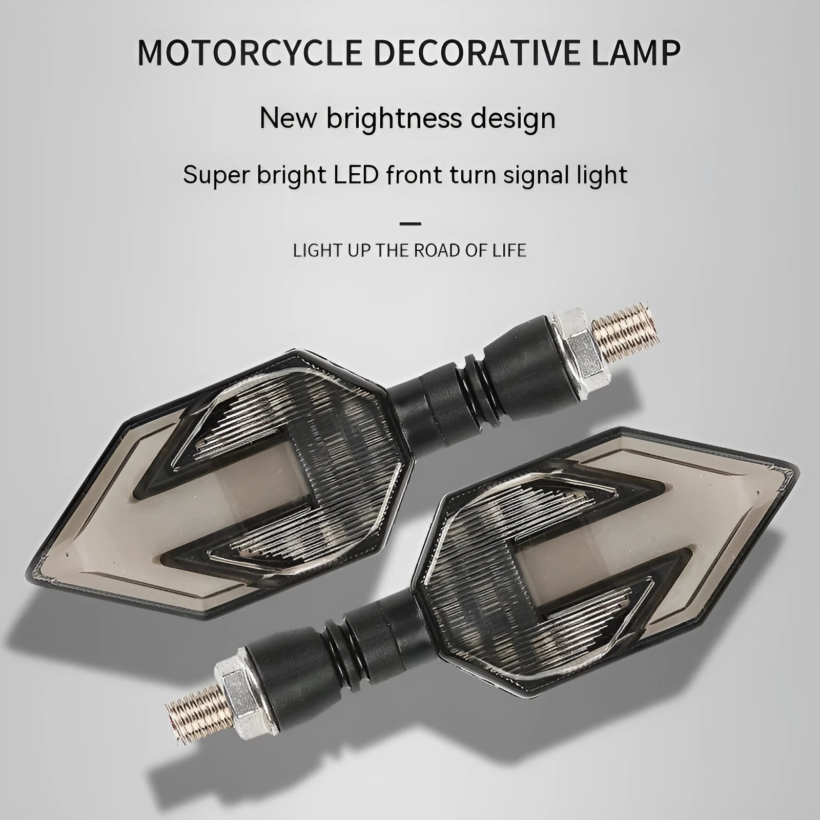 Arrow-shaped LED motorcycle direction indicator light with 12V yellow and coloured accent options.