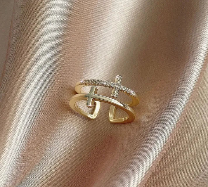 Women's adjustable double cross ring with copper base, sterling silver zircon inlay, and white gold electroplating