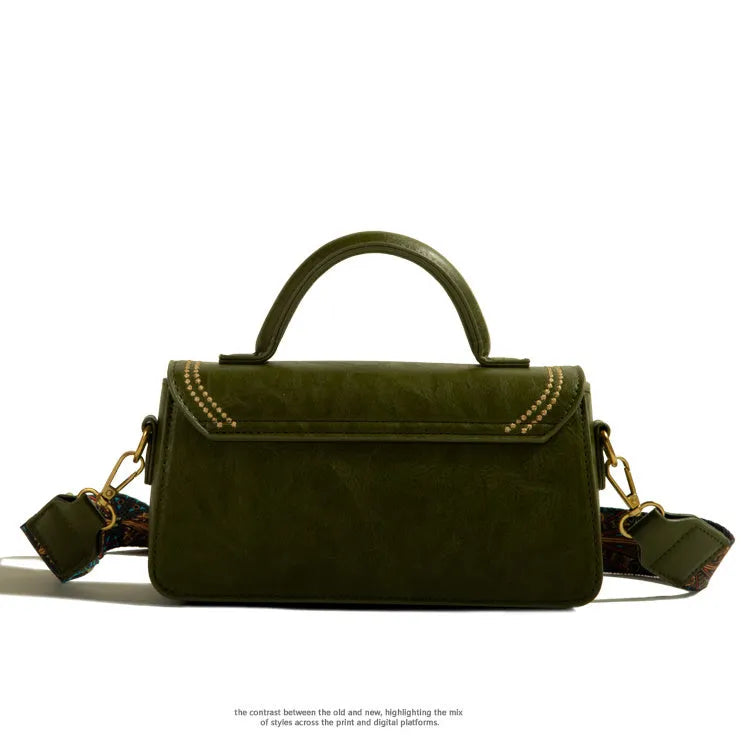 Women's retro messenger bag in square vertical design with sandwich pocket and internal phone compartment