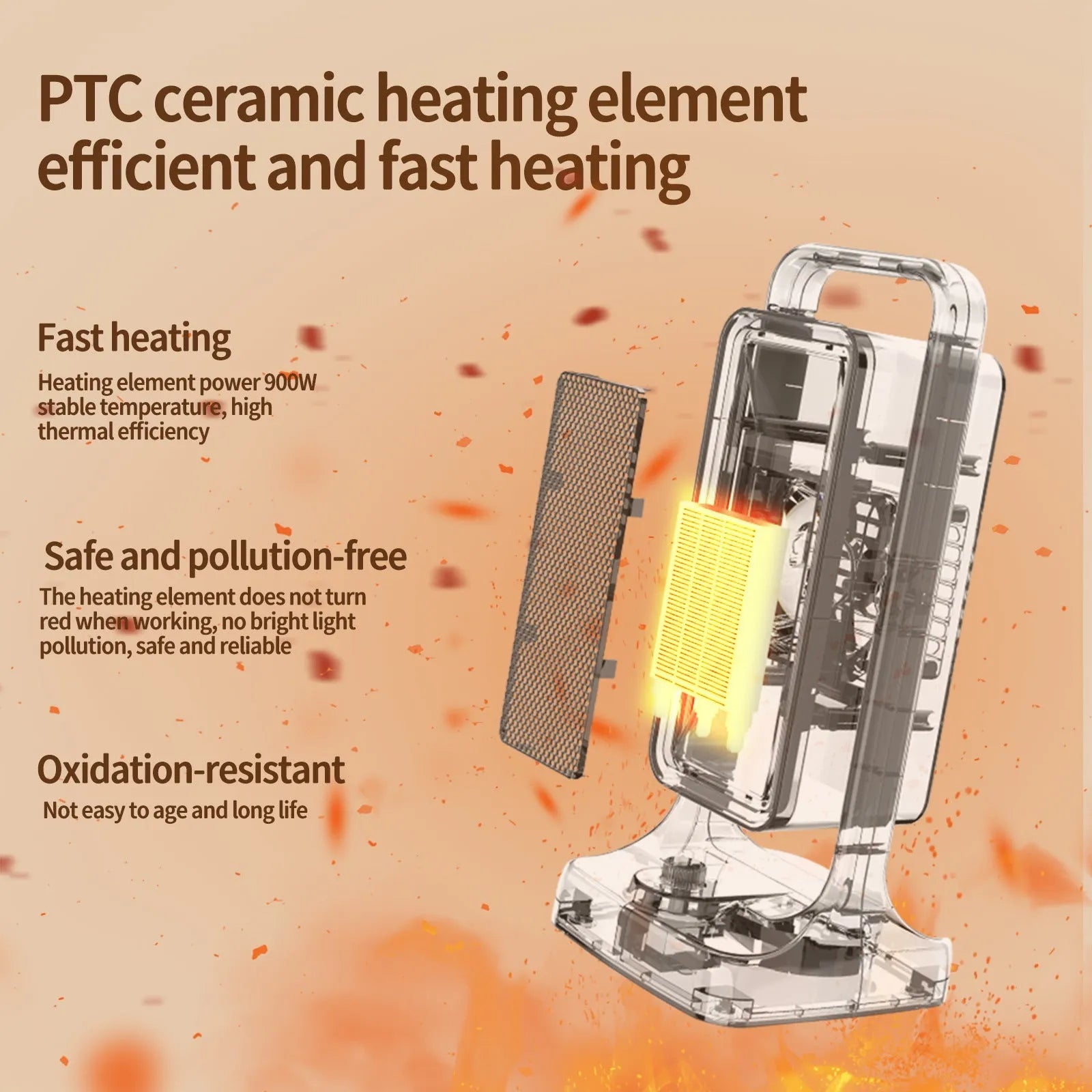 Black desktop PTC ceramic air heater with knob control, compact design measuring 14.9x11.1x33.5cm
