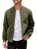 Men's plus size suede zip-up casual jacket in army green colour on a hanger.