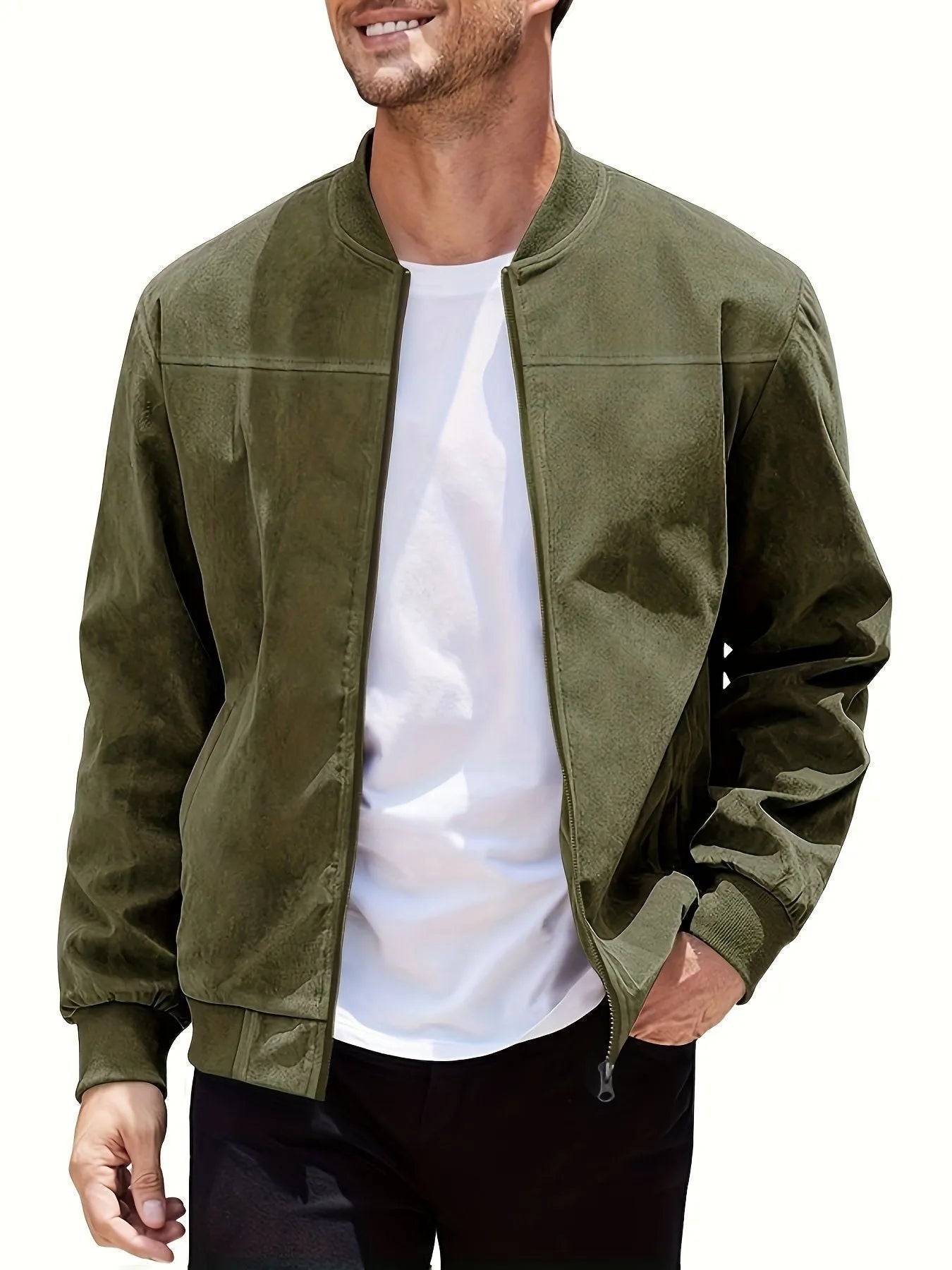 Men's plus size suede zip-up casual jacket in army green colour on a hanger.