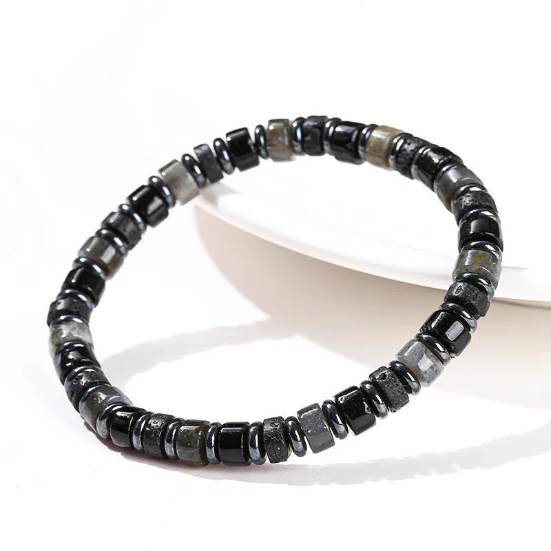 Natural volcanic rock haematite spacer bead bracelet with 6mm geometry beads in blue or grey colour options