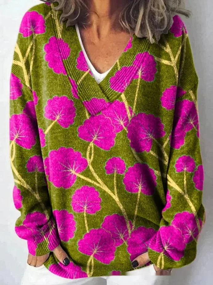 Women's V-neck long sleeve sweatshirt with a retro 3D floral pattern print in a colour from the E073 range.