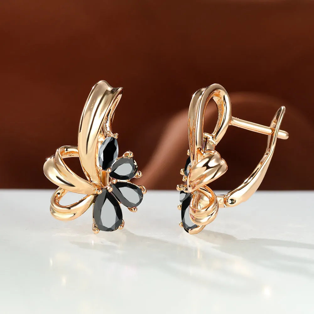 Champagne gold flower earrings with AB colourful crystal on copper, round shape studs for women