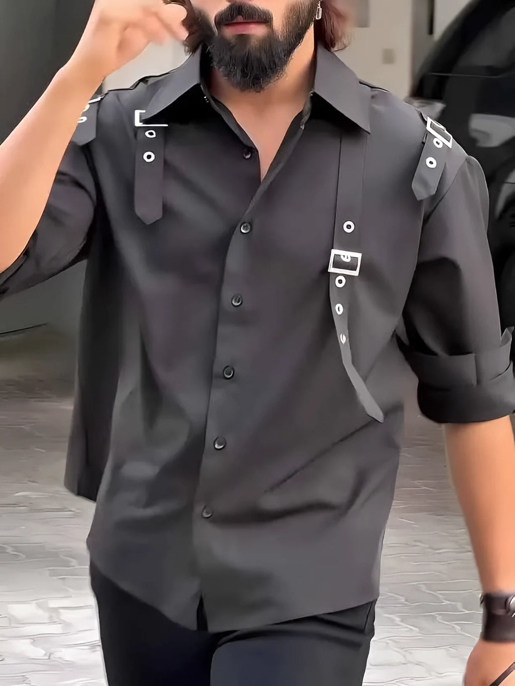 Men's black regular-fit utility button-up shirt made from polyester.