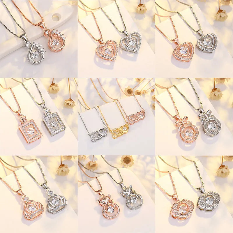 Silver or rose gold heart-shaped necklace with crown and bow charms for women