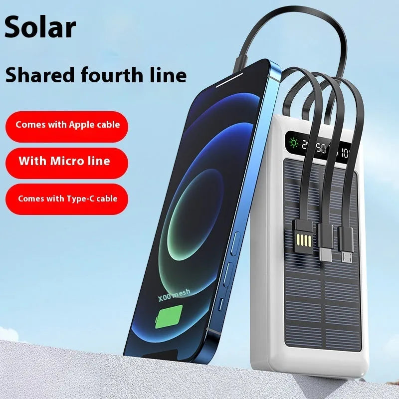 Solar power bank with 30000mAh capacity in industrial-style black plastic casing with charging cable