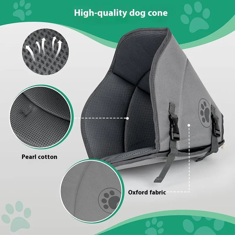 A soft, adjustable polyester pet collar ring shown in a casual style for post-surgery wound protection.