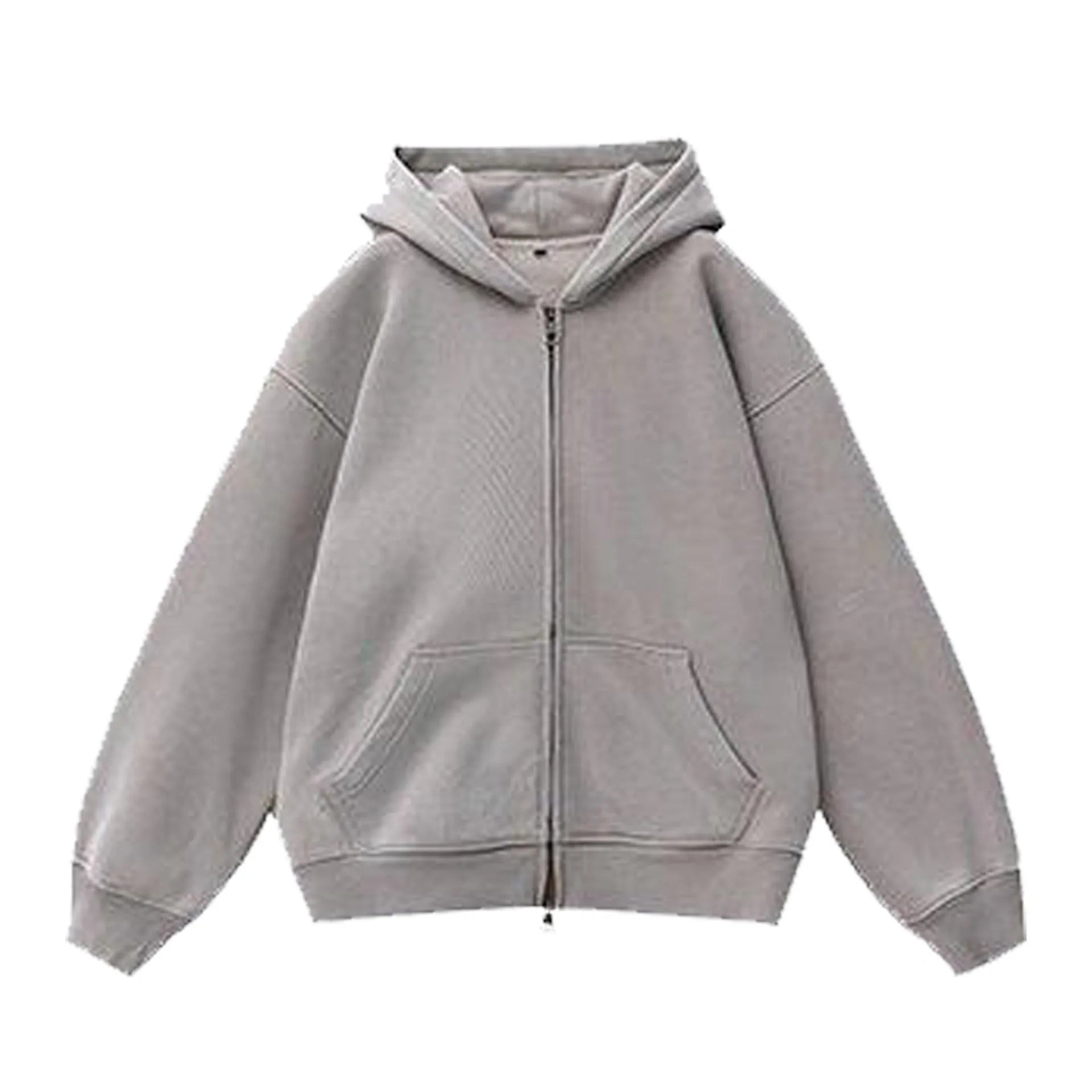 Woman's loose-fit fleece-lined cardigan sweater with a hood in a distressed colour, showing patch pockets and drop-shoulder sleeves.