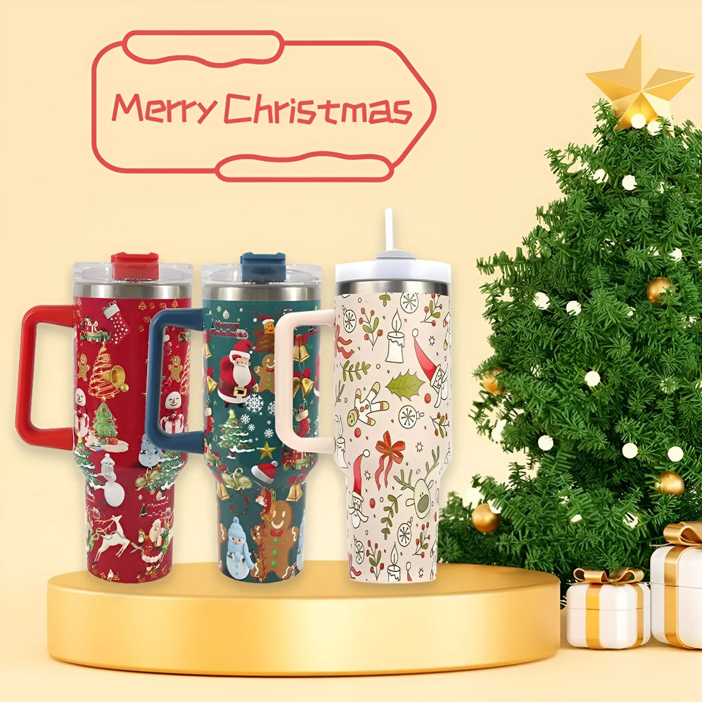 Christmas pattern stainless steel vacuum tumbler with handle, lid and straw showing 1200ml capacity measurements