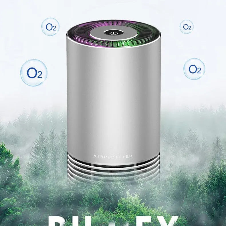 Compact aluminium alloy car wireless air purifier in black, silver, or metallic grey measuring 65mm by 150mm