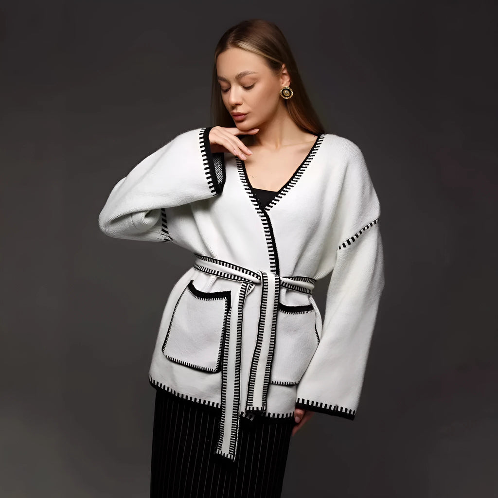 Loose fit knitted cardigan coat in imitation cashmere fabric showing front cardigan styling and long sleeves