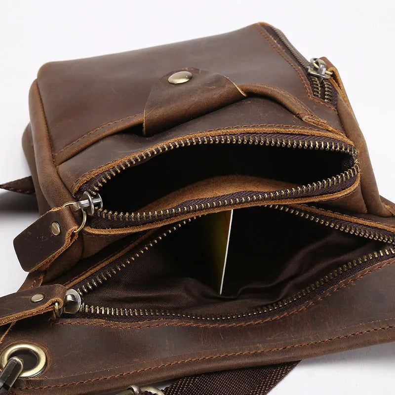 Men's brown crazy horse leather retro satchel bag with flap closure