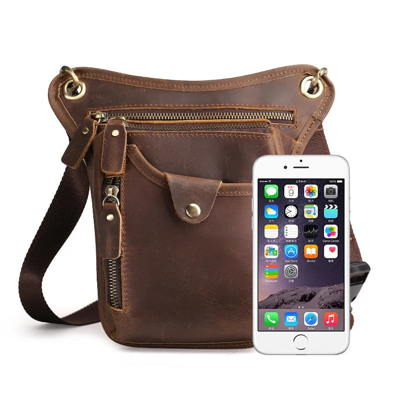 Men's brown crazy horse leather retro satchel bag with flap closure