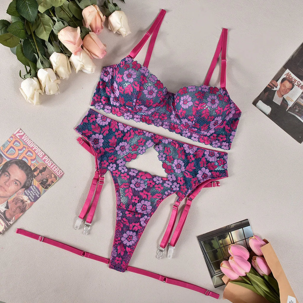 Rose red women's bikini set with contrast colour embroidery, Asian sizes available