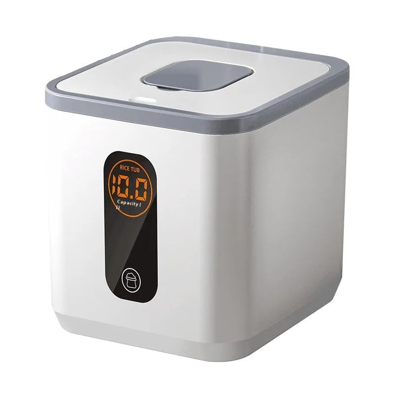 Grey plastic insect-proof moisture-proof rice storage jar with measuring cup in 10kg, 20kg, 30kg sizes.