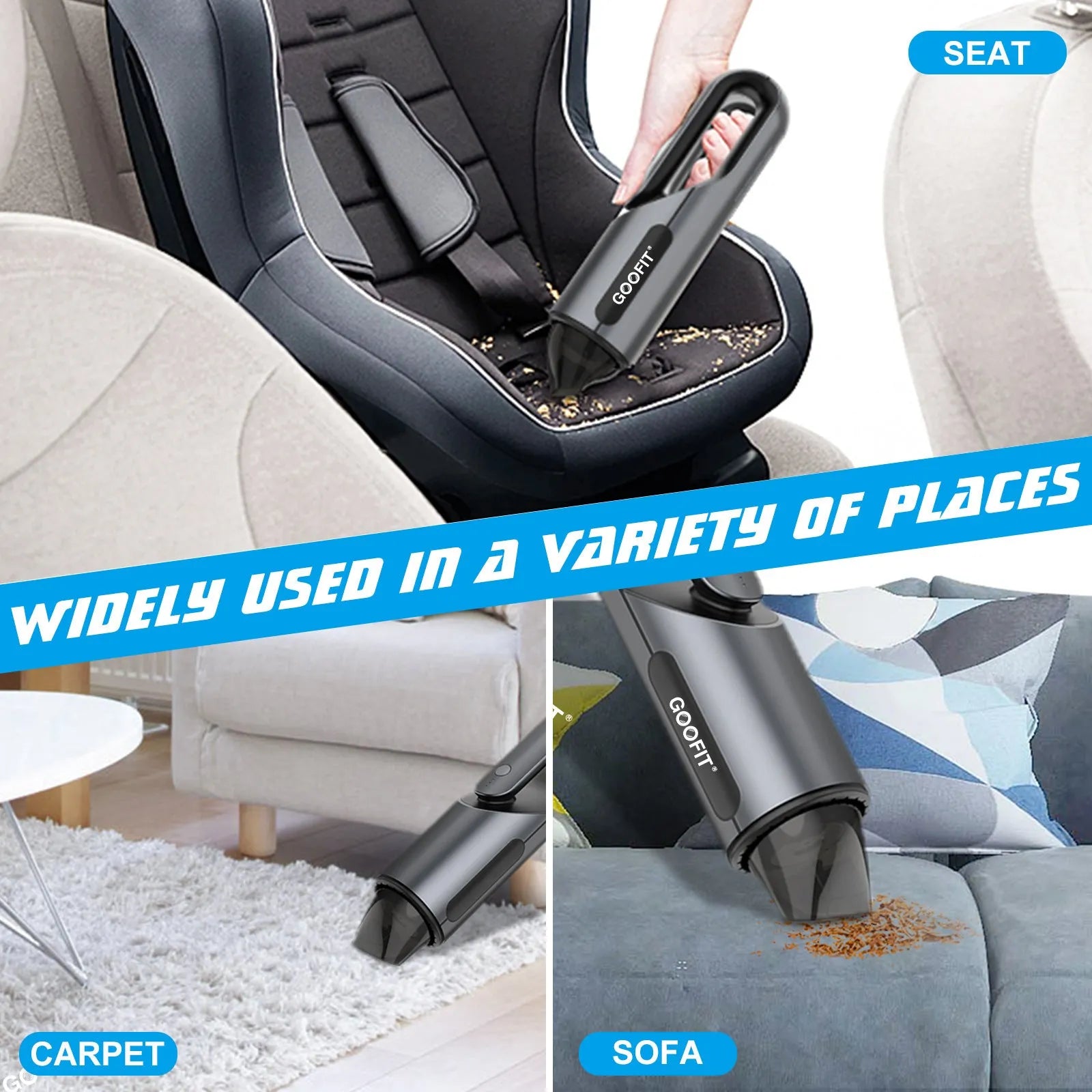 Black portable handheld car vacuum cleaner with brush and flat attachments on vehicle seat