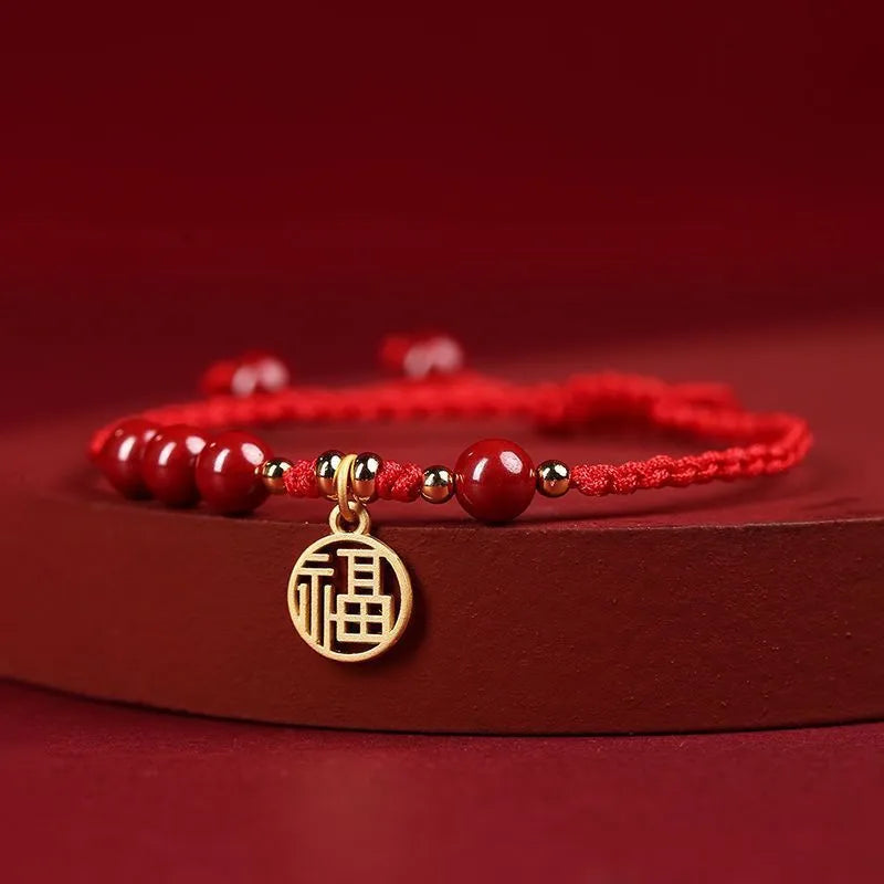 Cinnabar bracelet with braided rope and peach blossom charm for exam luck