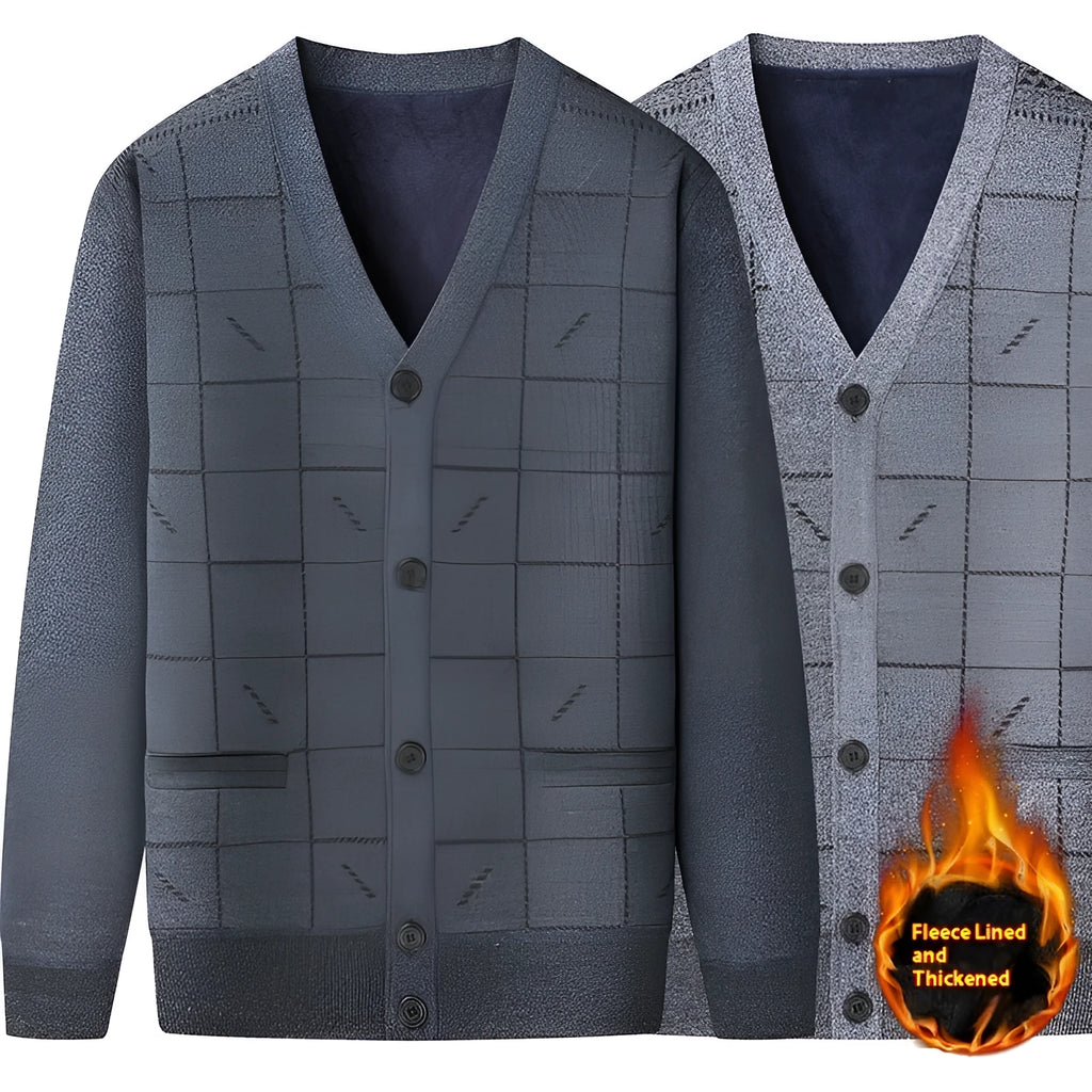 Men's grey batwing sleeve cardigan with velvet lining, shown on a hanger.
