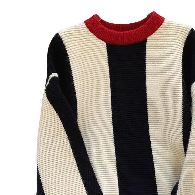Women's striped cashmere sweater with contrast colour pattern and round neck