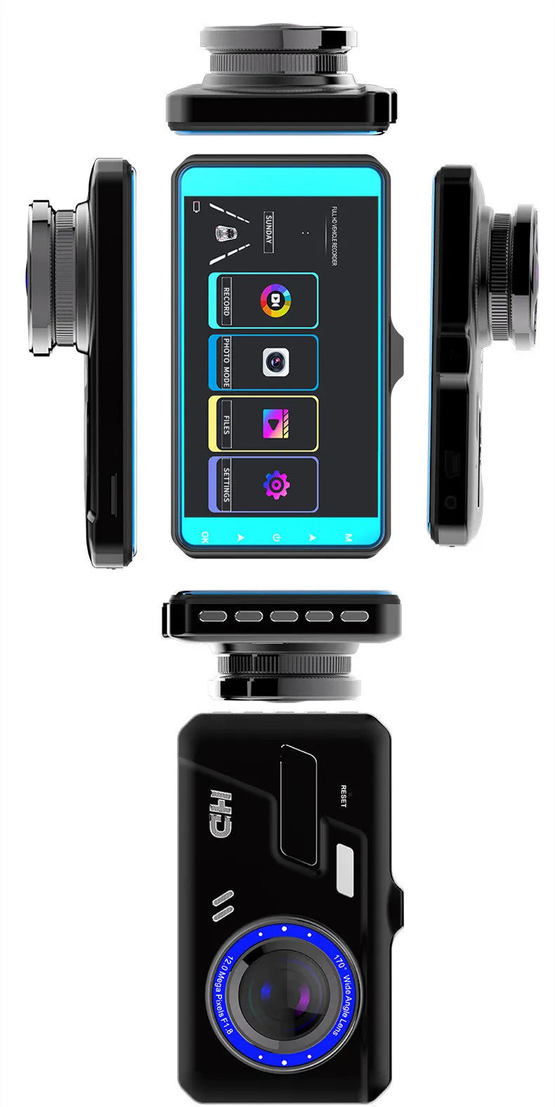 Black 4 inch touch screen car driving recorder with front and rear cameras