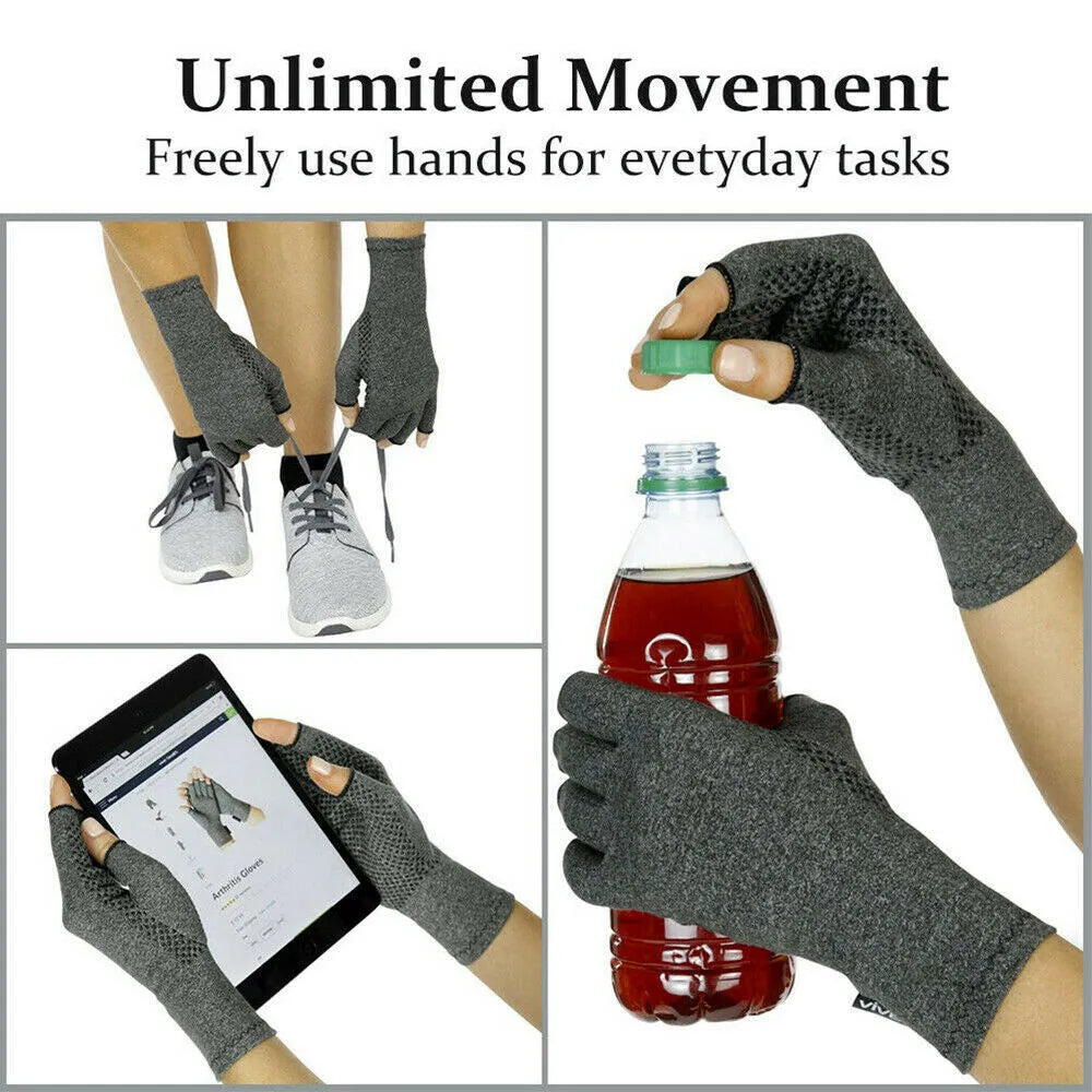Grey half finger joint compression gloves showing anti-slip palm surface and breathable fabric construction