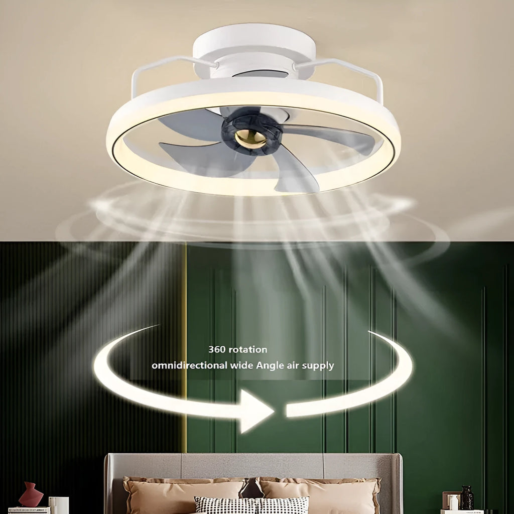 Modern simple design ceiling fan with light showing PC blades and acrylic lampshade in a chosen colour
