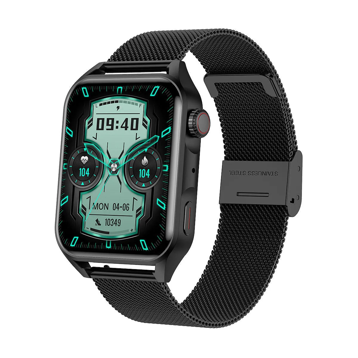Smart watch with AMOLED display and silicone wrist strap showing touch screen and button controls