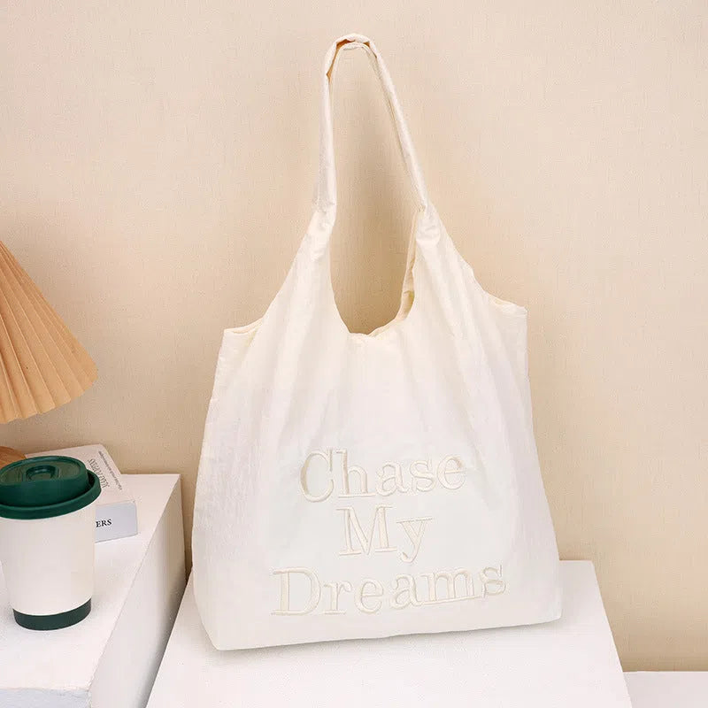 Korean-style 3D letter nylon shoulder bag with minimalist embroidery in horizontal rectangular shape, double straps, available in multiple colours