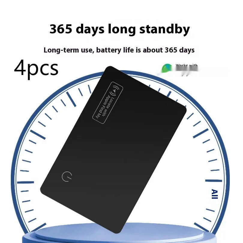 Black ultra-thin anti-loss tracking card for Apple devices with wireless charging, shown next to a credit card for size comparison.