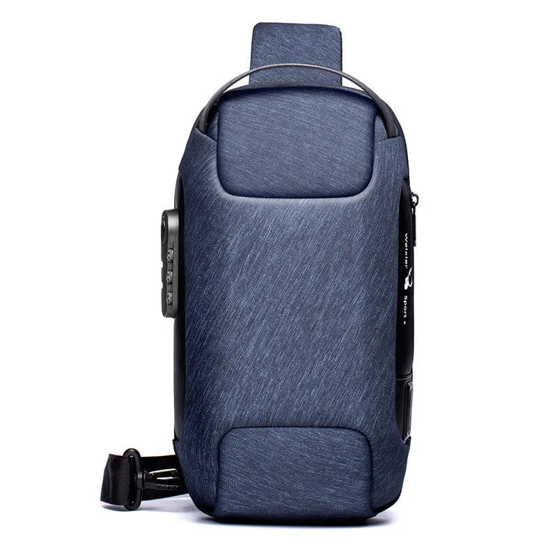 Men's anti-theft chest bag in Oxford cloth with combination lock and USB charging port, medium size, black colour