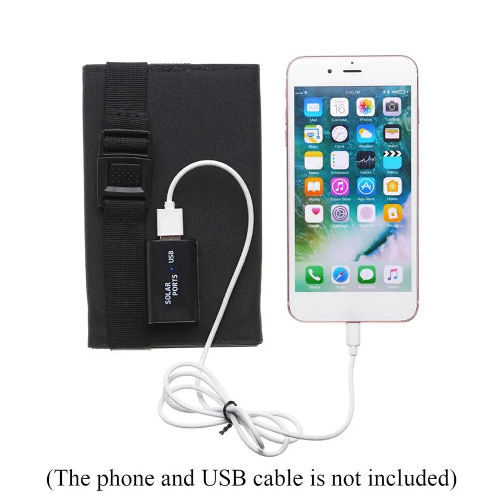 20W solar folding bag unfolded showing monocrystalline cells with USB output cables, camouflage colour