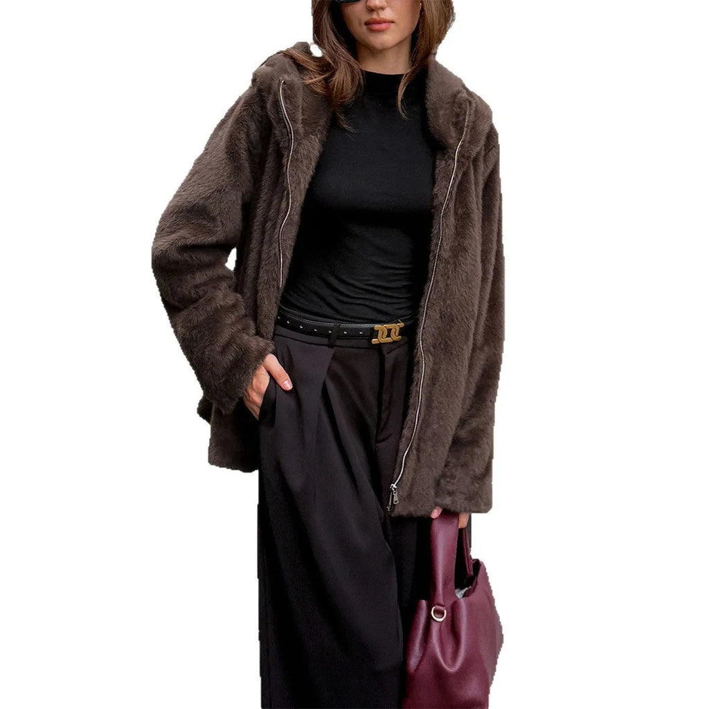 Women's brown polyester coat with fur collar, long sleeves, and regular fit on display