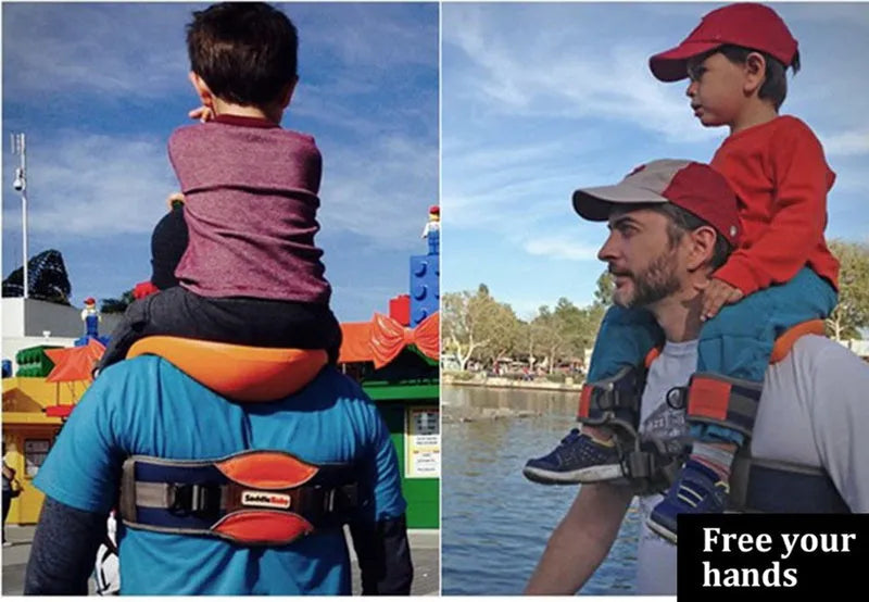 Hands-free shoulder carrier with cushioned hip seat and ankle straps in backpack style for toddler aged 2-5 years