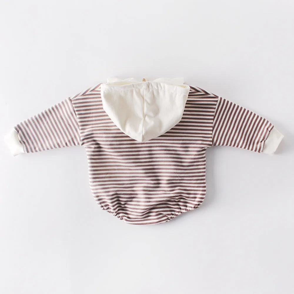 Baby striped hooded climbing suit in black stripe, 100% cotton, autumn wear, long sleeves, pullover style, size 66cm to 90cm