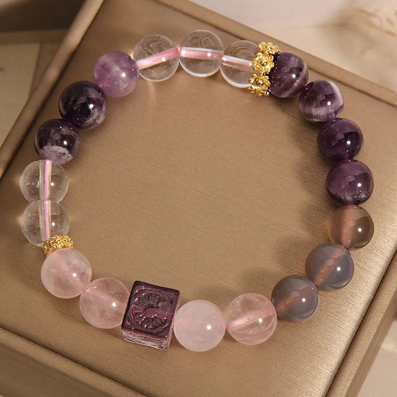 Purple natural amethyst crystal women's bracelet with 10mm rhinestones