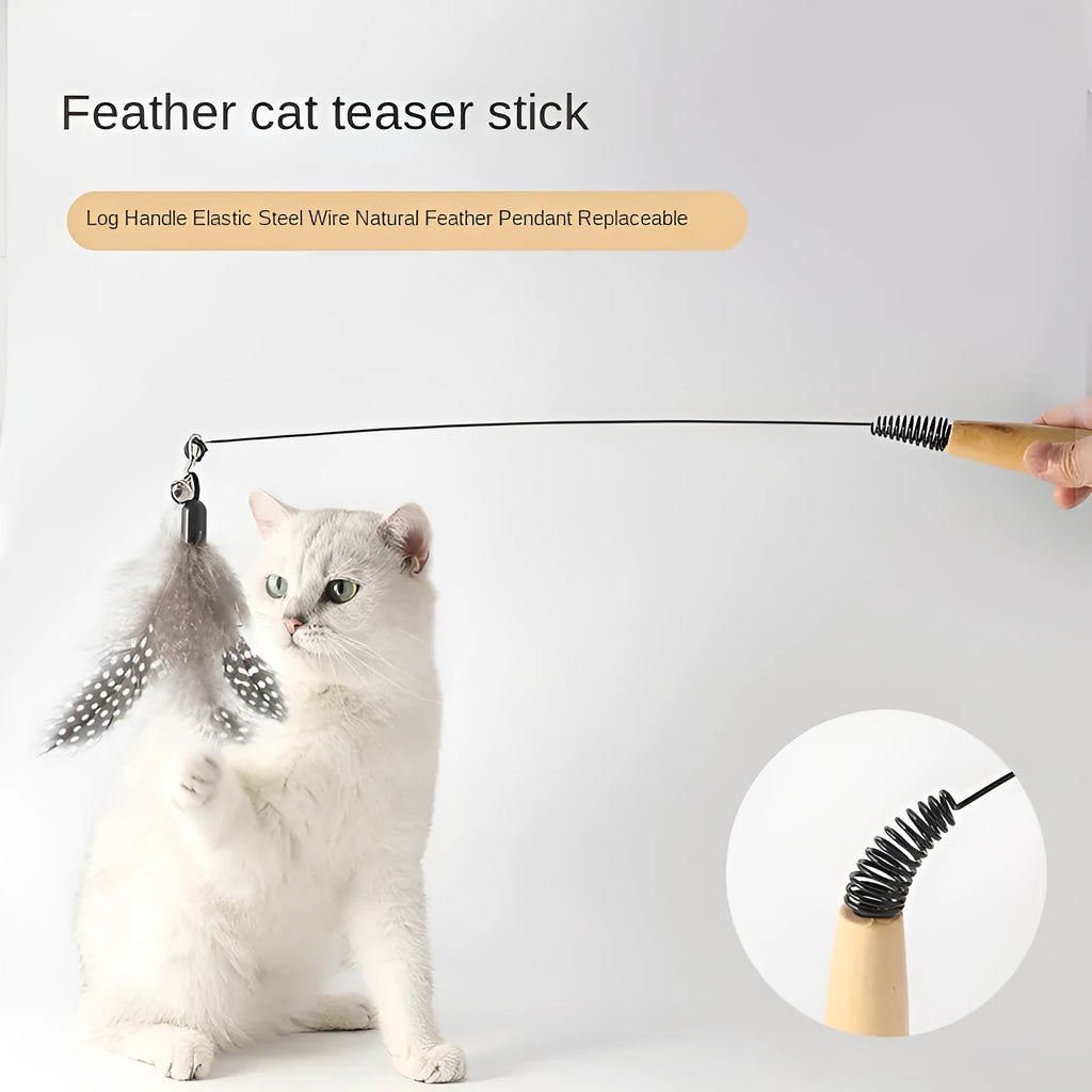 Wooden handle cat teasing stick with feather bell heads in multiple colours