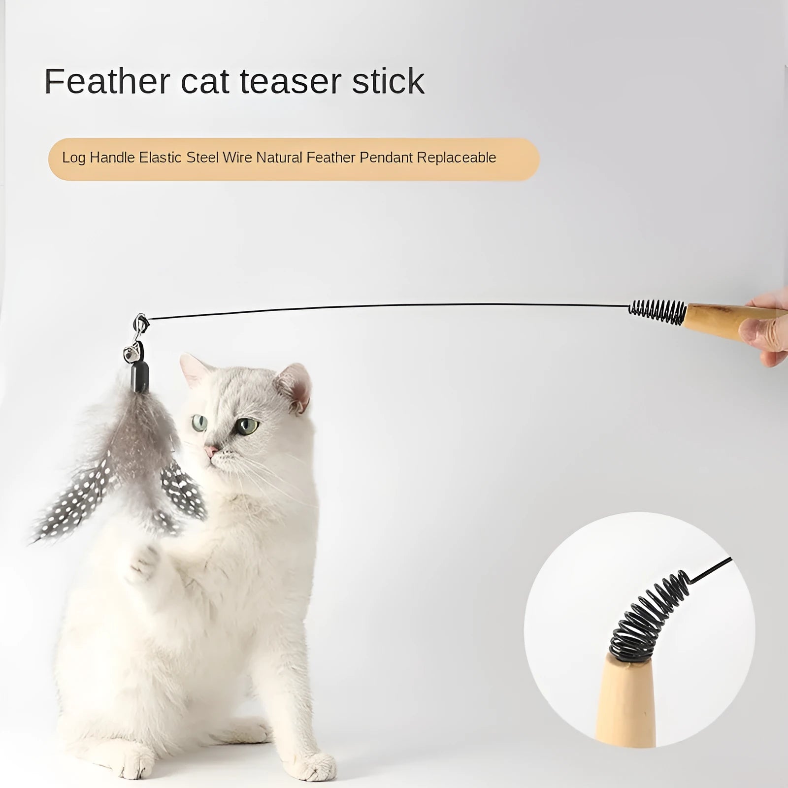 Wooden handle cat teasing stick with feather bell heads in multiple colours