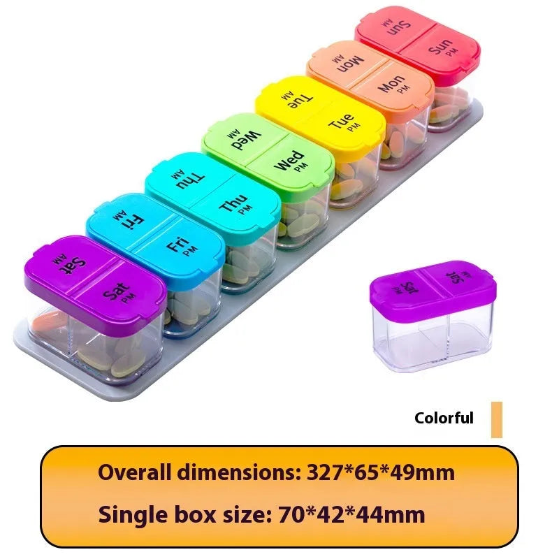 Large white plastic pill organiser box with 14 compartments, shown disassembled into separate sections.
