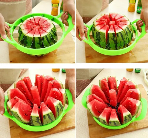 Green plastic melon slicer with stainless steel blades cutting a watermelon into wedges.